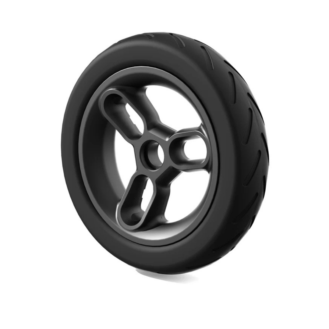 A black rubber scooter tire with a three-spoke metal rim from Paiseec Mobility Scooter Parts is shown on a white background.